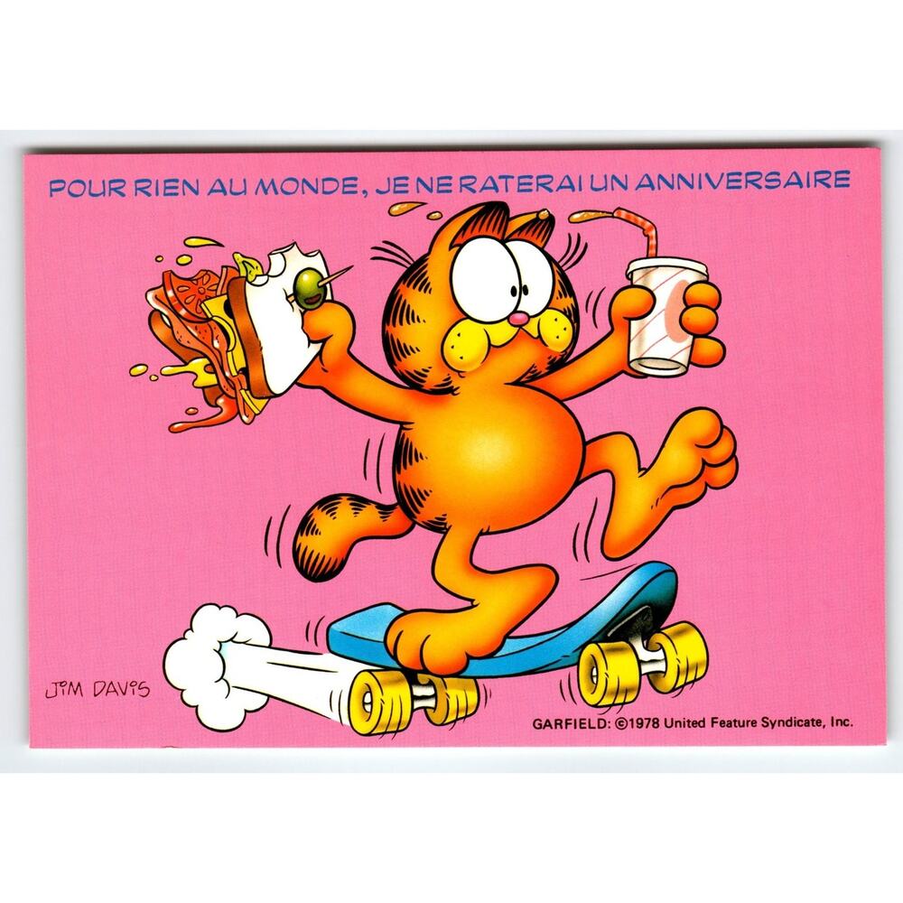 Vintage 1978 Garfield Comic Postcard Jim Davis Skateboard Pink French Text